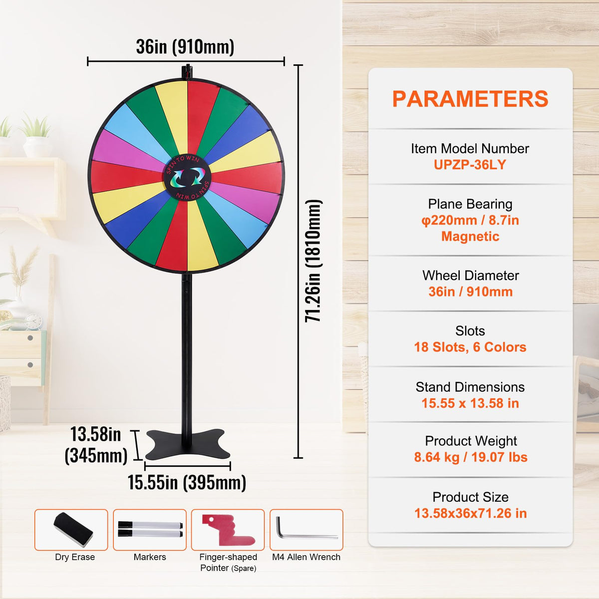 VEVOR prize wheel showcases colorful slots to attract guest attention.