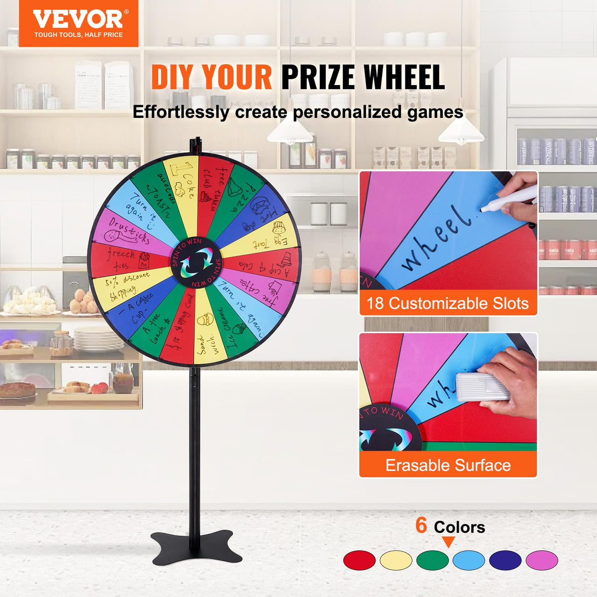 VEVOR prize wheel tabletop design fits compact spaces and quick setups.