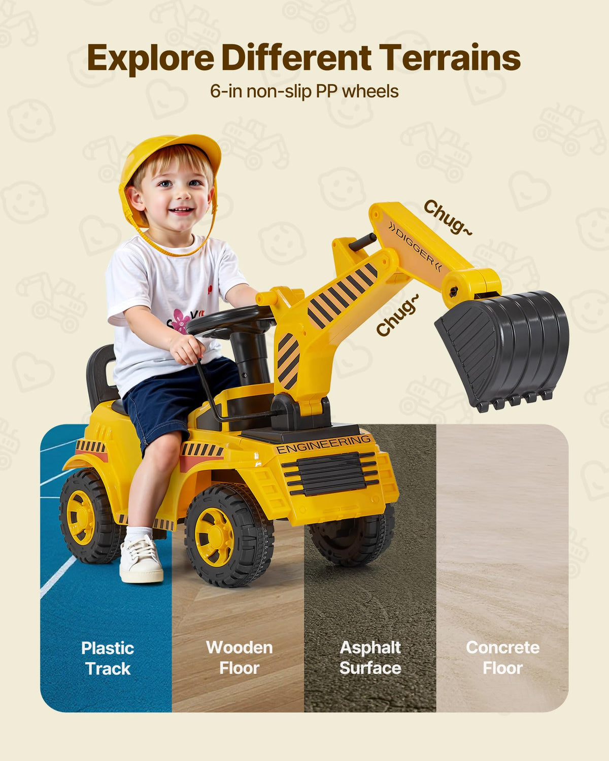 VEVOR ride-on toddler car anti-tip design enhances stability during play.