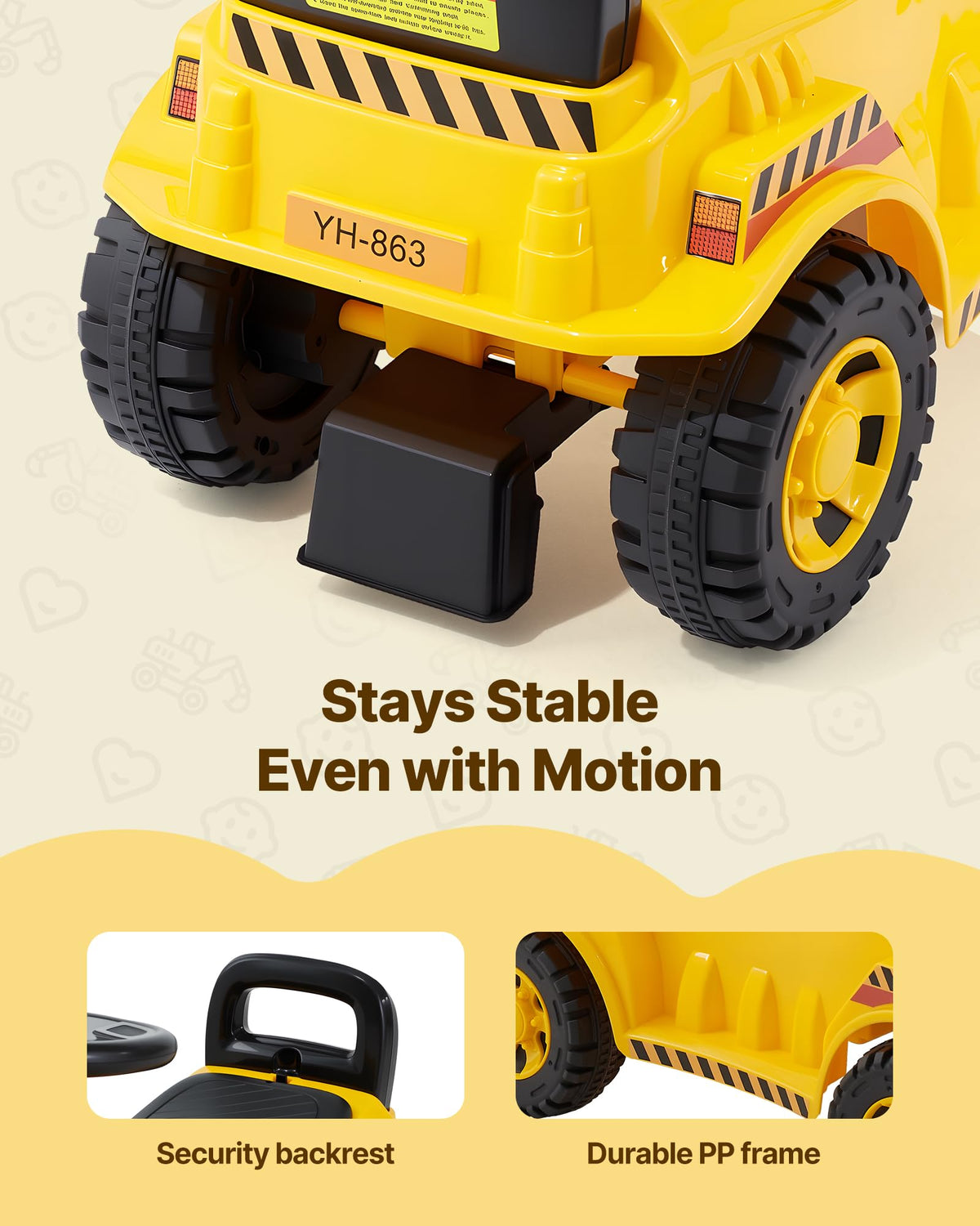 VEVOR ride-on toddler car yellow color accent boosts visibility and appeal.