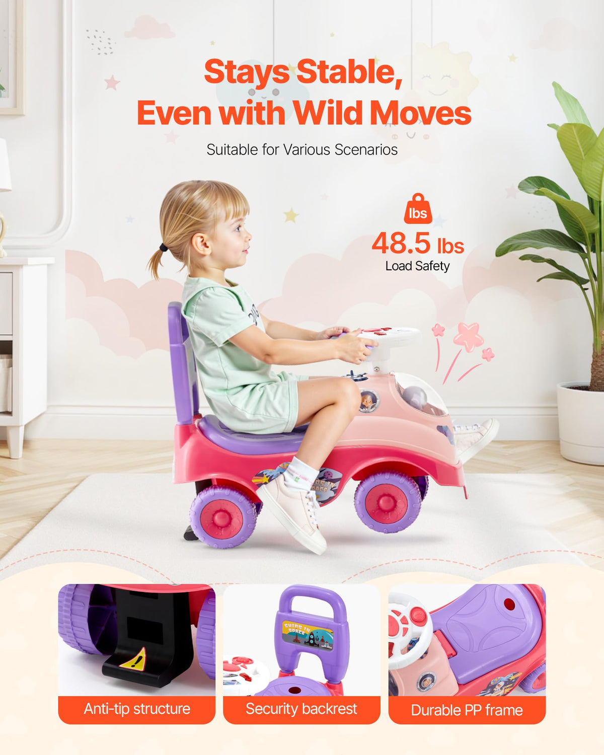 VEVOR ride-on toddler push car LED lights providing visual cues during playtime