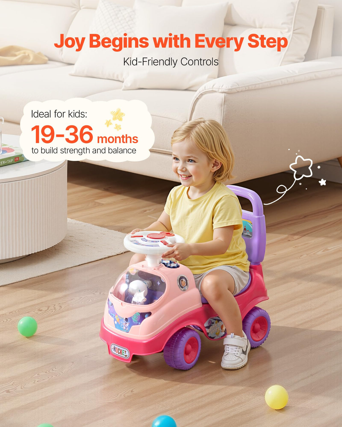 VEVOR ride-on toddler push car side view highlighting compact, portable design for transport