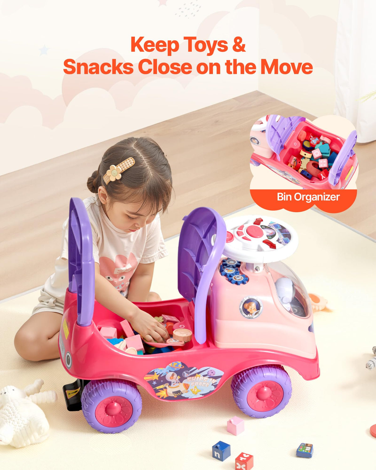 VEVOR ride-on toddler push car under-seat storage for snacks and toys