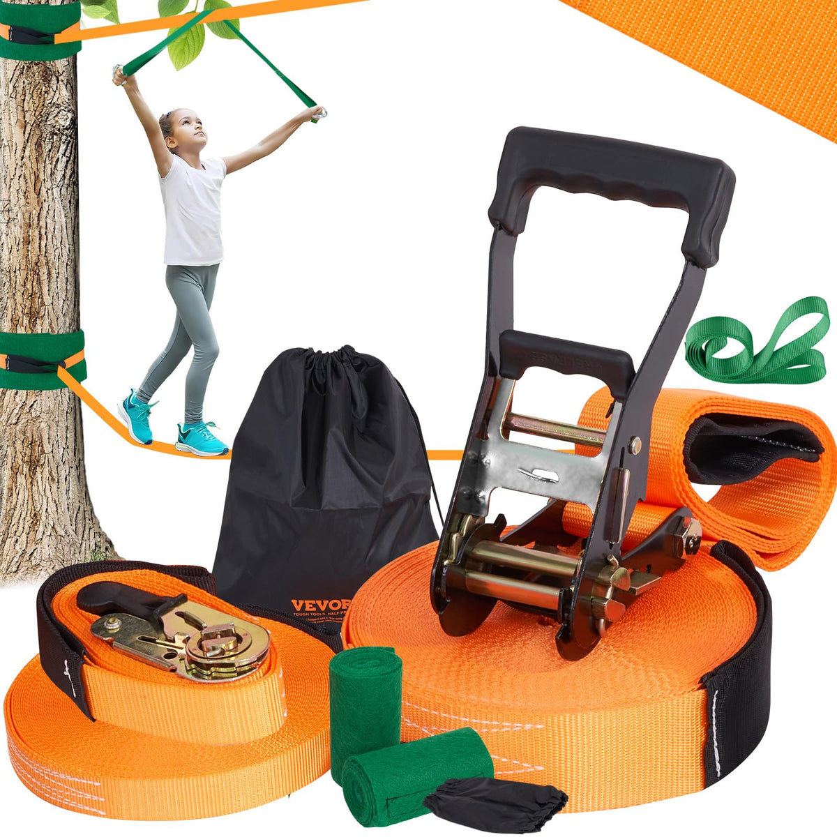 VEVOR Slackline Kit setup between trees for backyard balance training