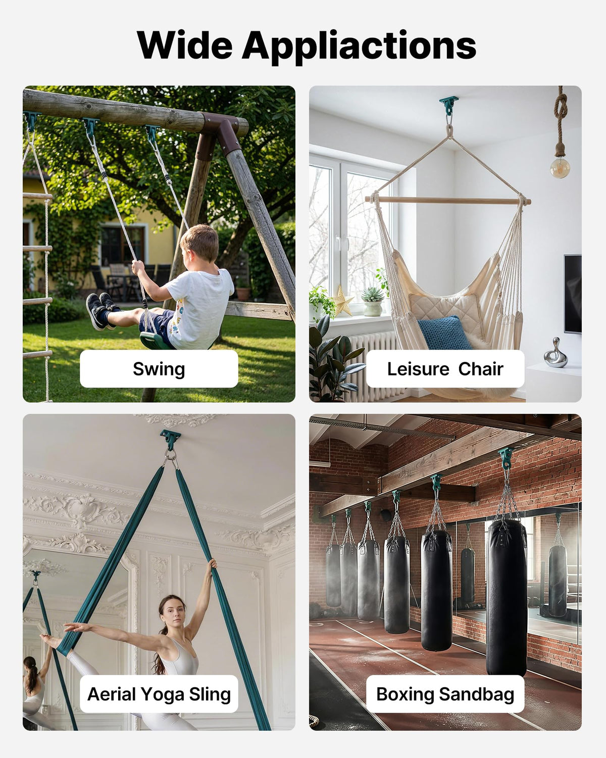 VEVOR swing hangers installed on a wooden beam indoors and outdoors