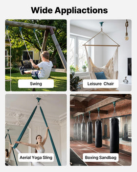 VEVOR swing hangers installed on a wooden beam indoors and outdoors