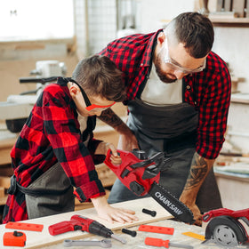 Vextronic Kids Tool Set 3in1 drill and saw showing interchangeable bits and motion