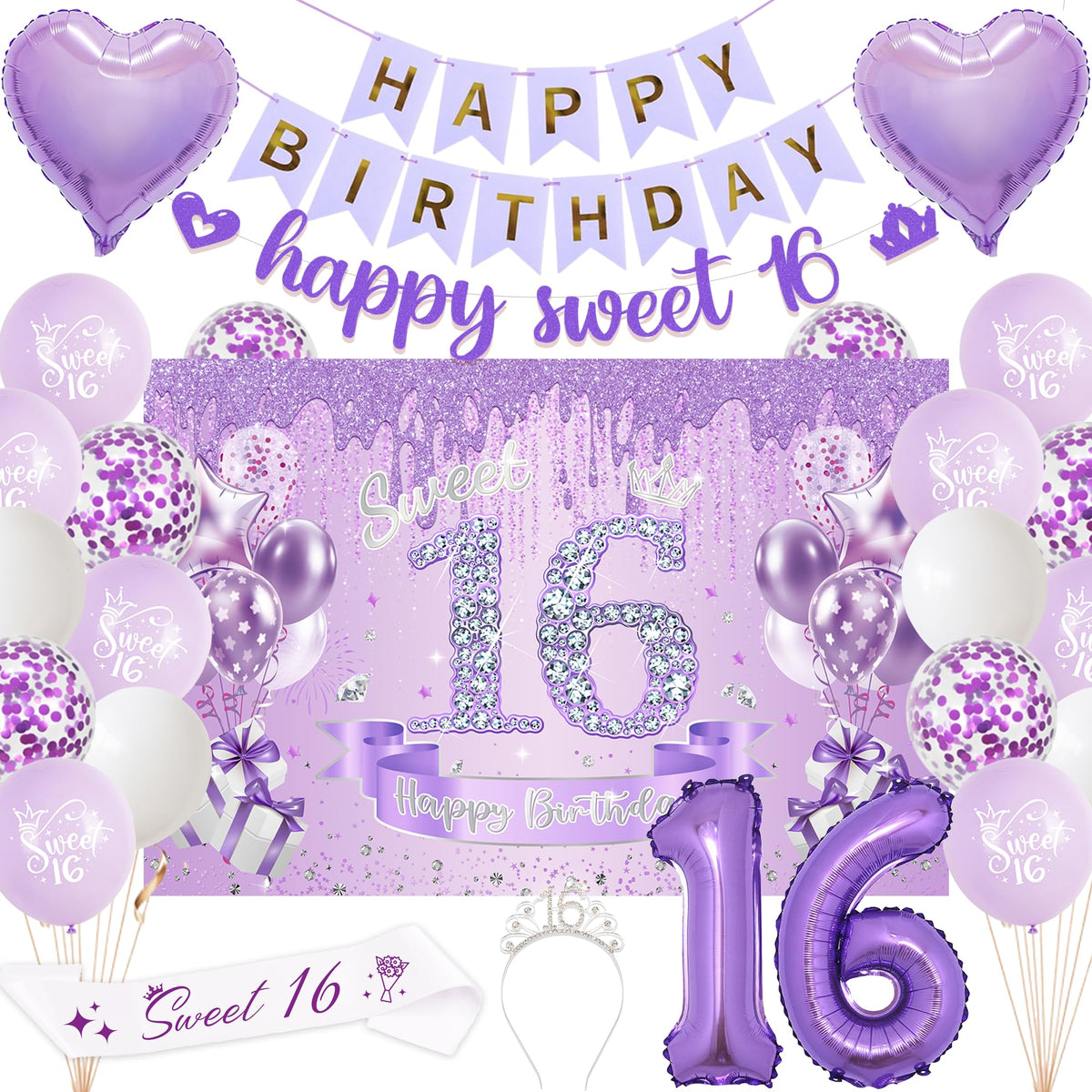 VeyoCraft Sweet 16 banner purple for festive birthday decor and photos
