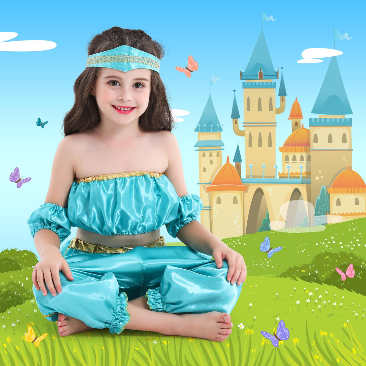 VGOFUN blue princess dress front view showcasing vibrant color and comfortable fit.