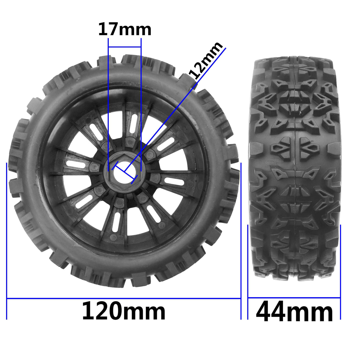 Vgoohobby 1/8-scale tire side view highlighting rubber tread and plastic rim