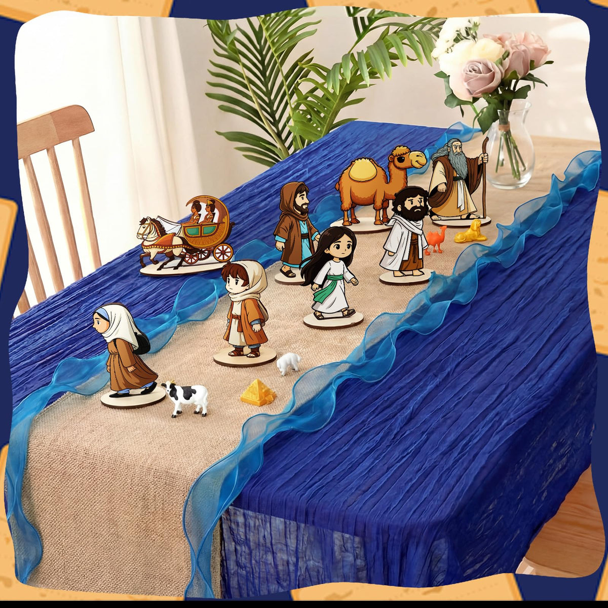 Vicenpal Passover set wooden cows and sheep enhance rustic table decor.
