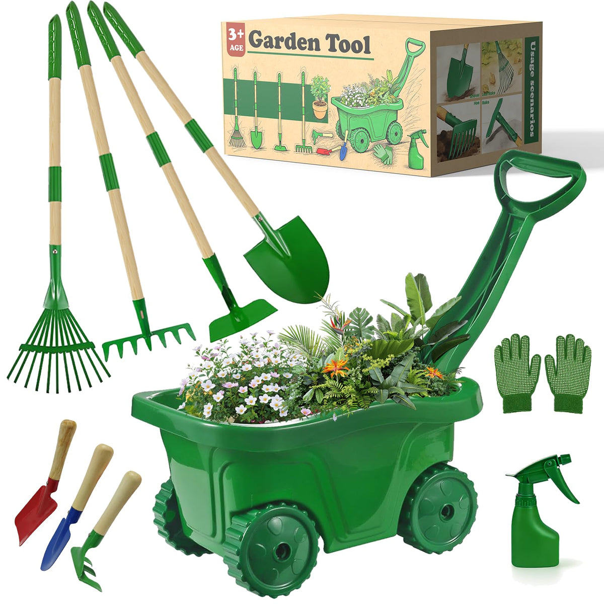 VICHTOP wheelbarrow tool for kids, promotes imaginative outdoor play and coordination