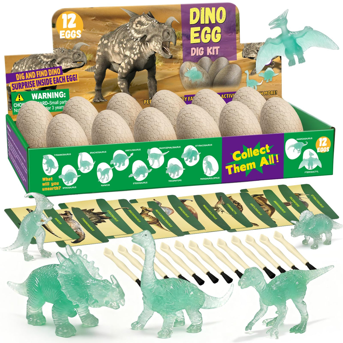 VICHTOP Dinosaur Egg Excavation glow-in-the-dark eggs captivate kids during after-dark discoveries.