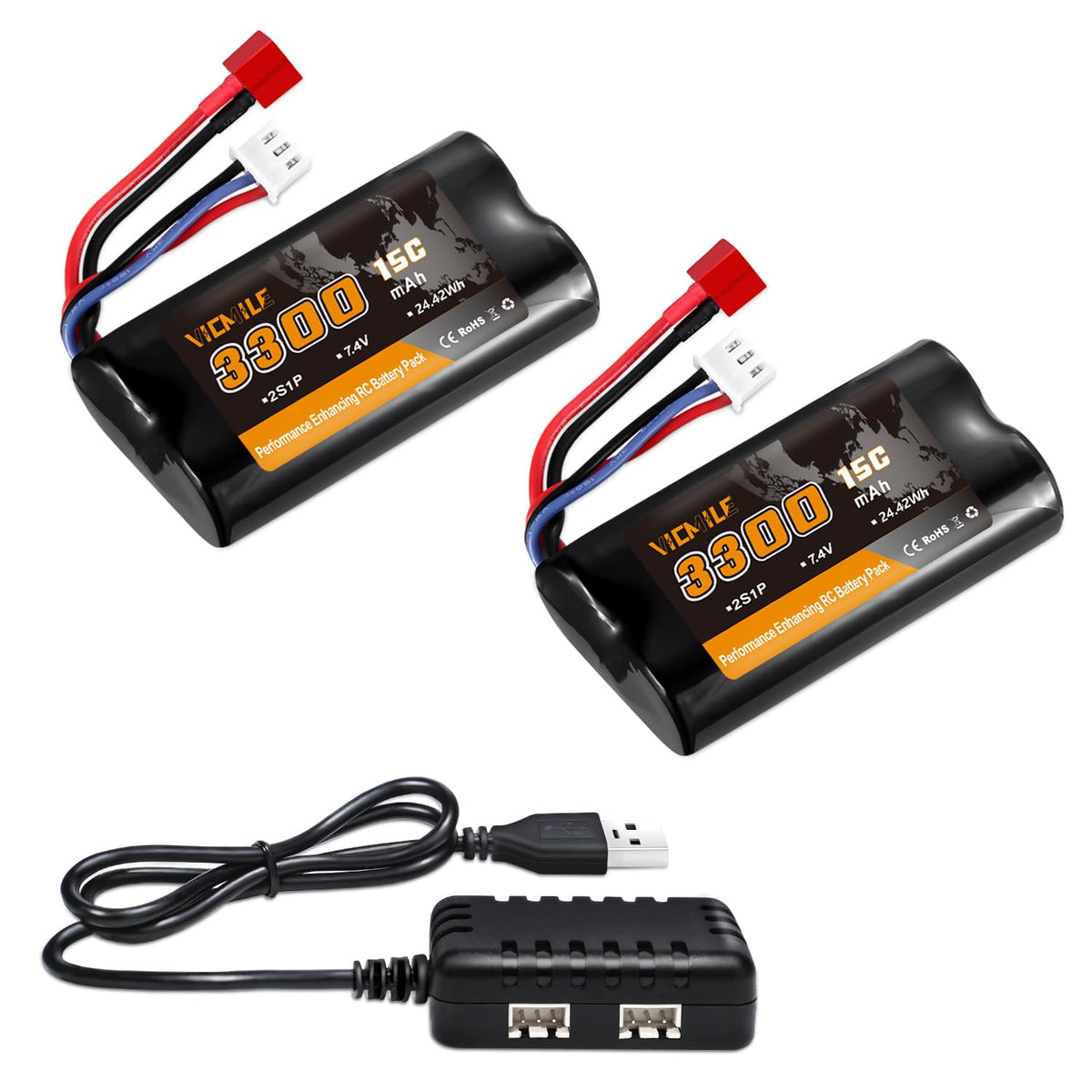 VICMILE 3300mAh battery front view with Dean plug for WLtoys RC cars