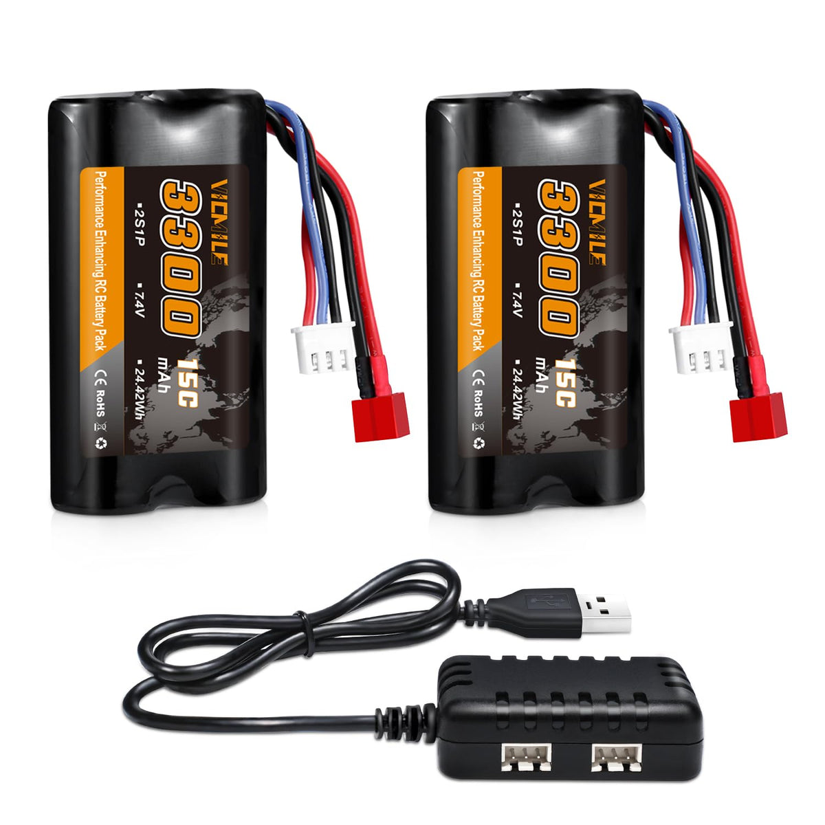 VICMILE 3300mAh battery front view, high-capacity power for longer RC runs.