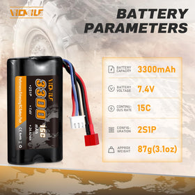 VICMILE 3300mAh battery side view, compact pack for tight RC spaces.