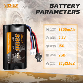 VICMILE 7.4V 3300mAh battery side view, compact and fit-friendly