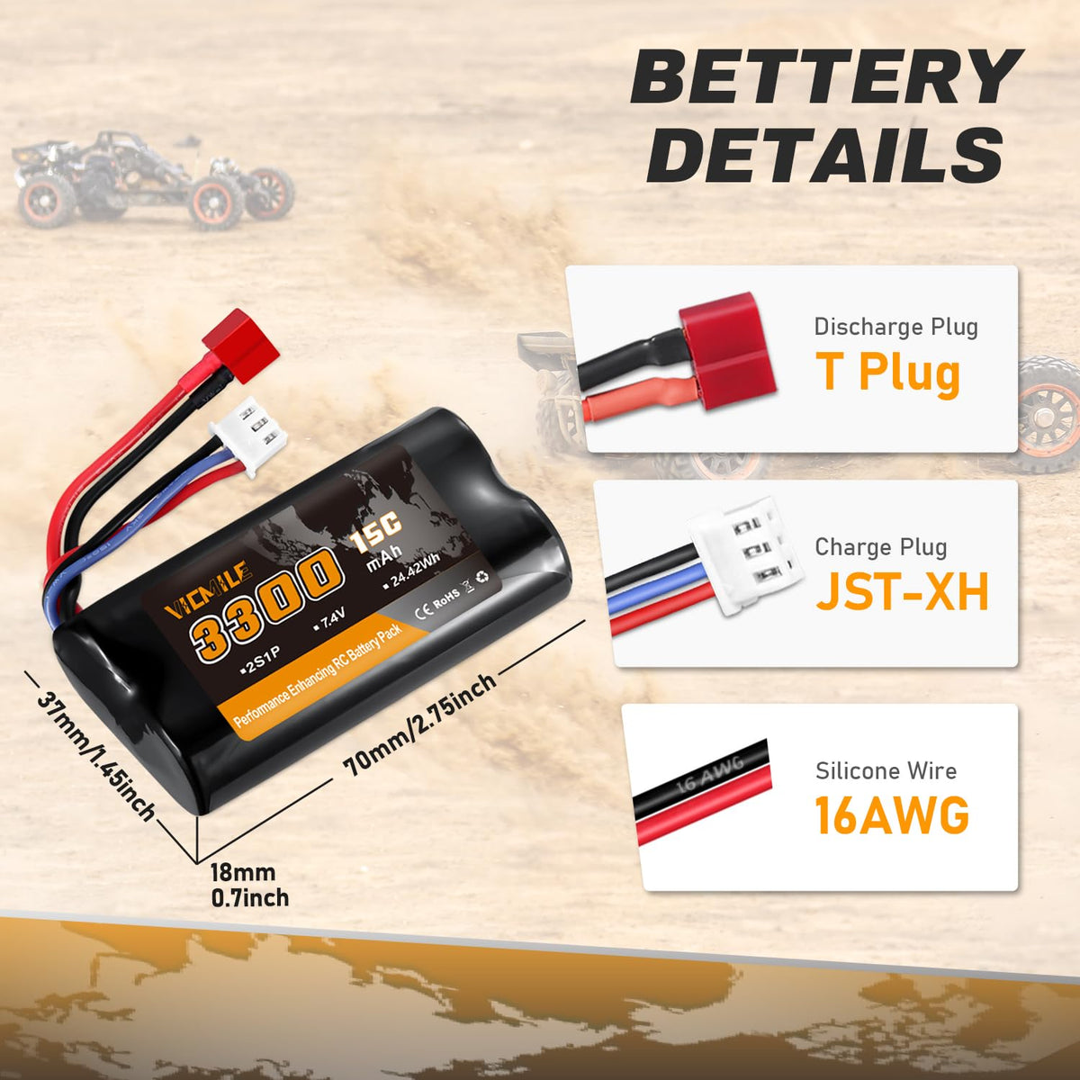 VICMILE 7.4V battery top view, provides steady power delivery.