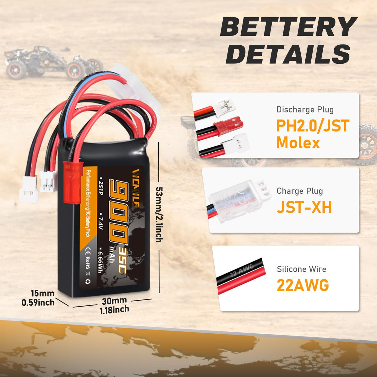 VICMILE SCX24 battery connectors JST PH2.0 Molex shown for quick plug-in