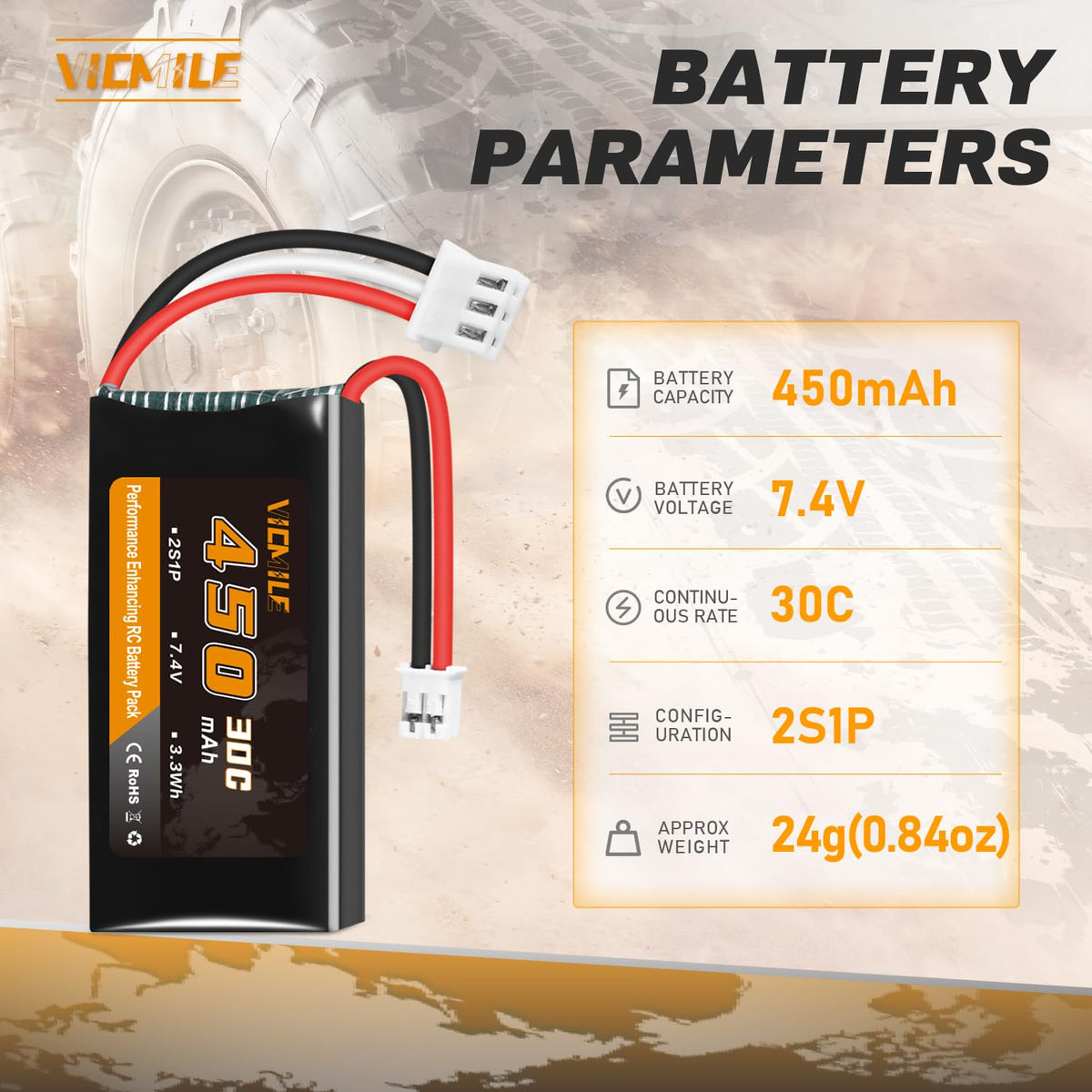 Compact 47x25x10 mm VICMILE battery fits many 1/10–1/24 scale models