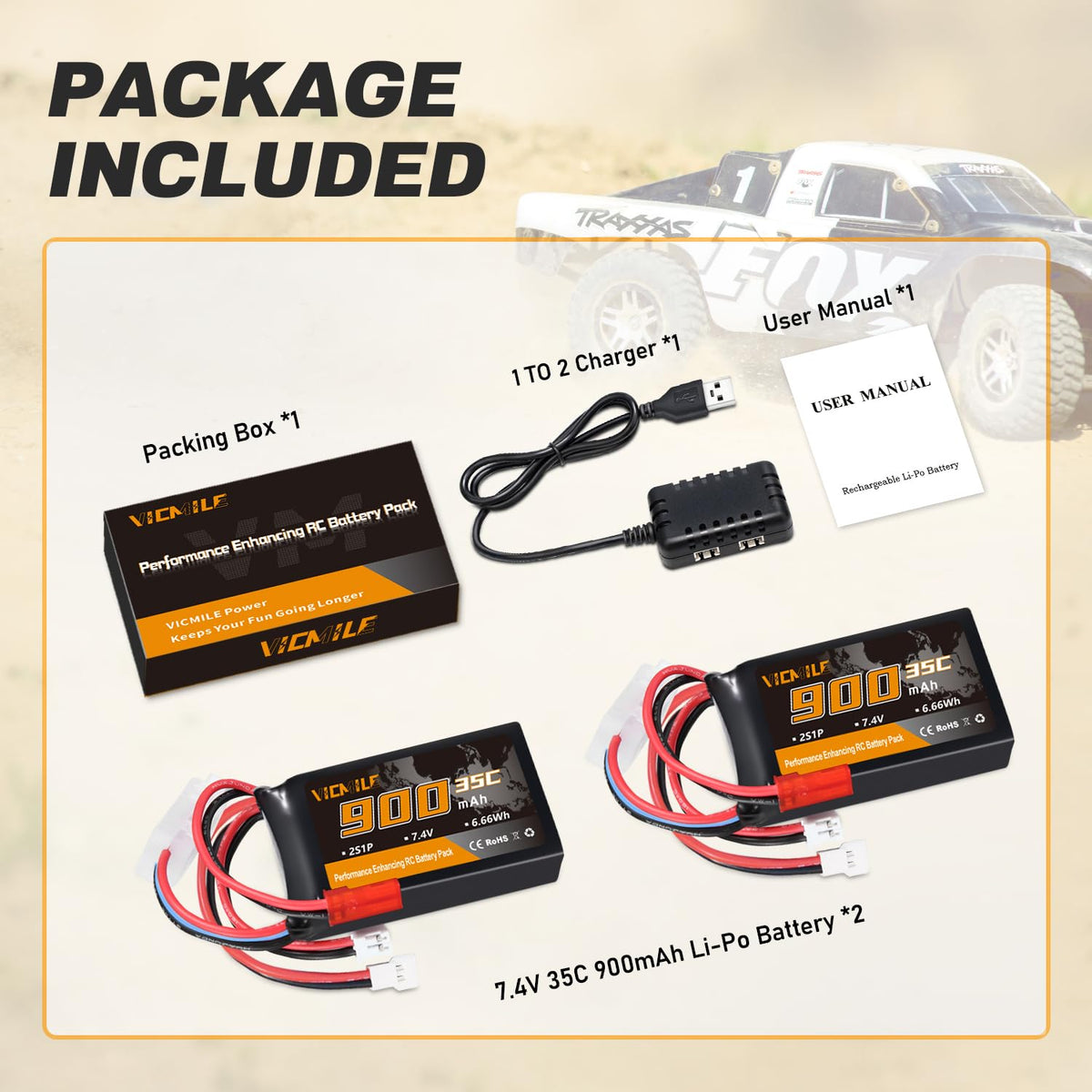 VICMILE SCX24 battery in-use powering RC car sessions.