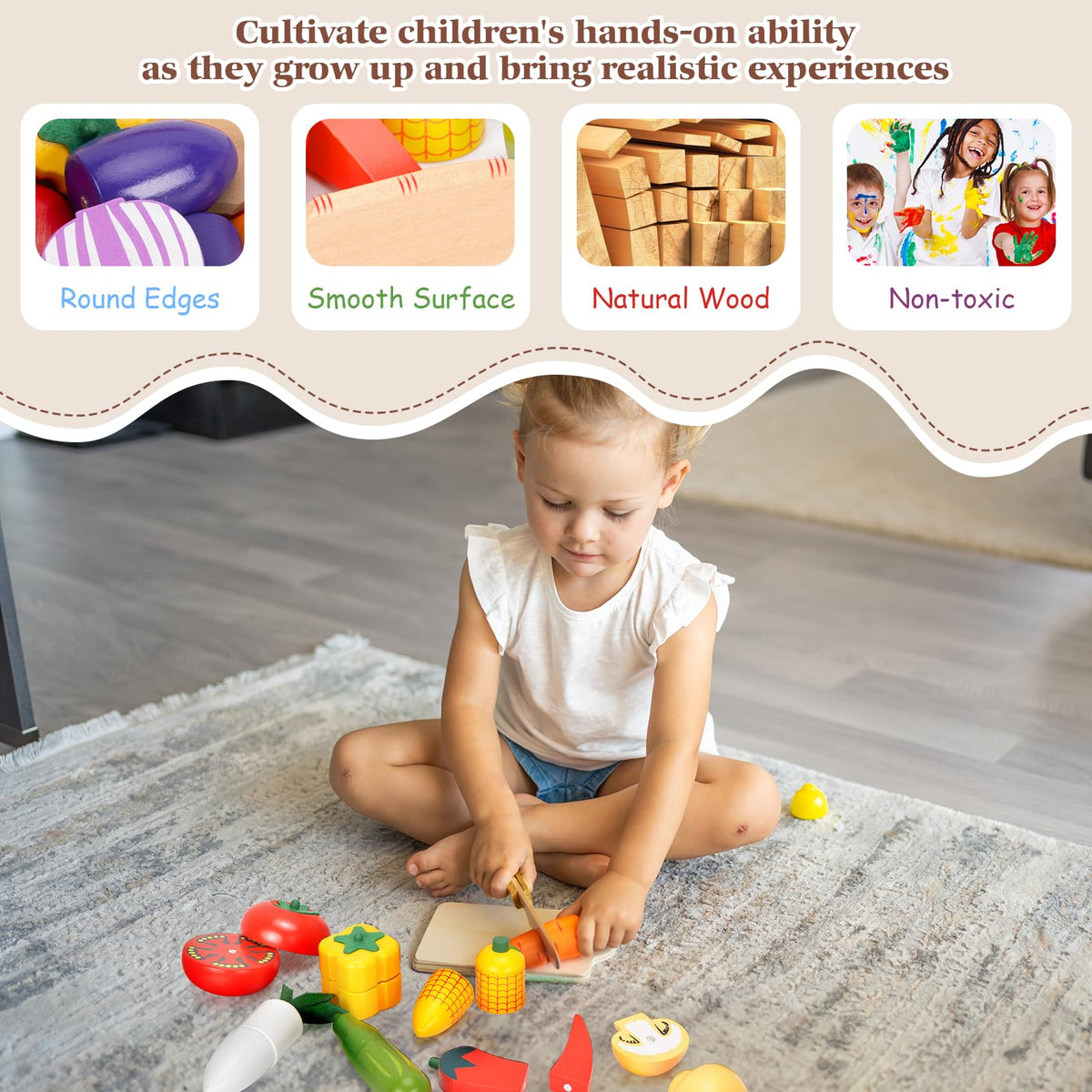 Victostar pretend knife and vegetables boost imaginative kitchen storytelling.