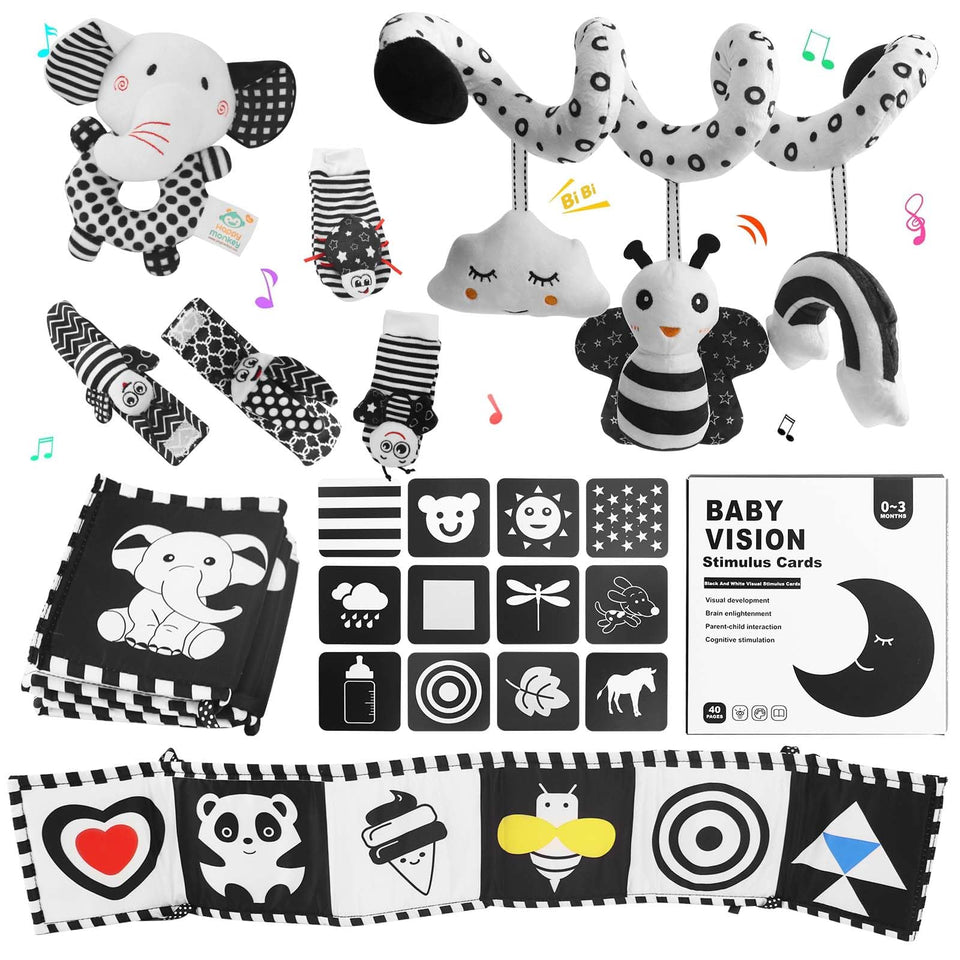 VIESMUMU high-contrast car seat toy stimulates newborn visual focus.