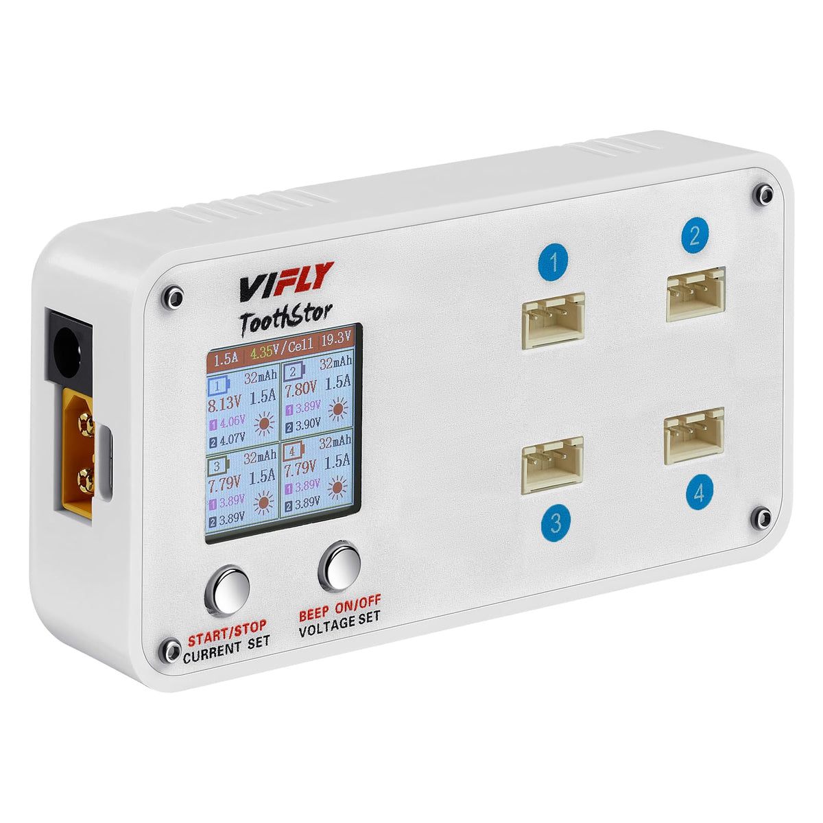 VIFLY ToothStor four-port balance charger enables simultaneous charging.