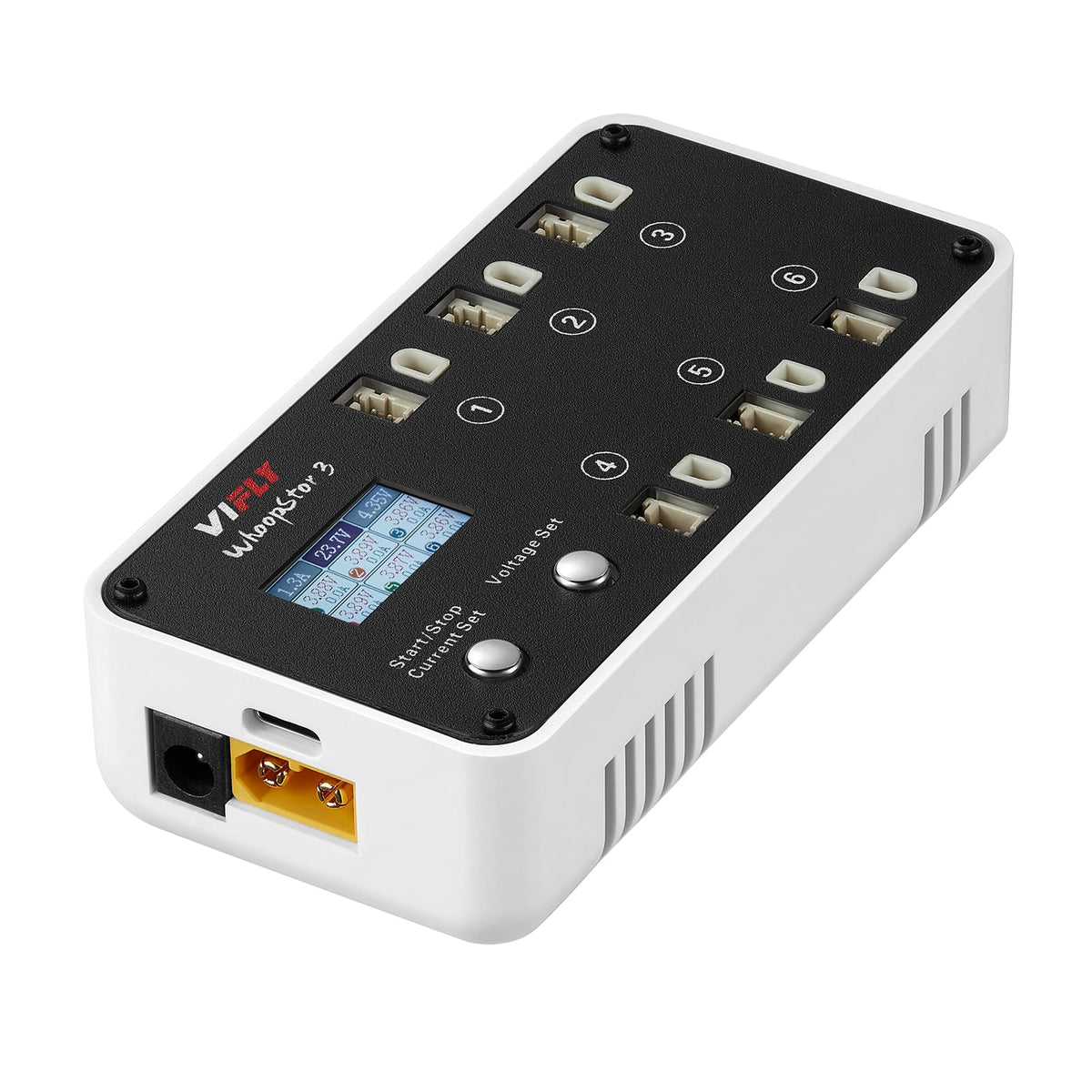VIFLY WhoopStor V3 six-port charger with LCD shows charge status clearly for quick checks.