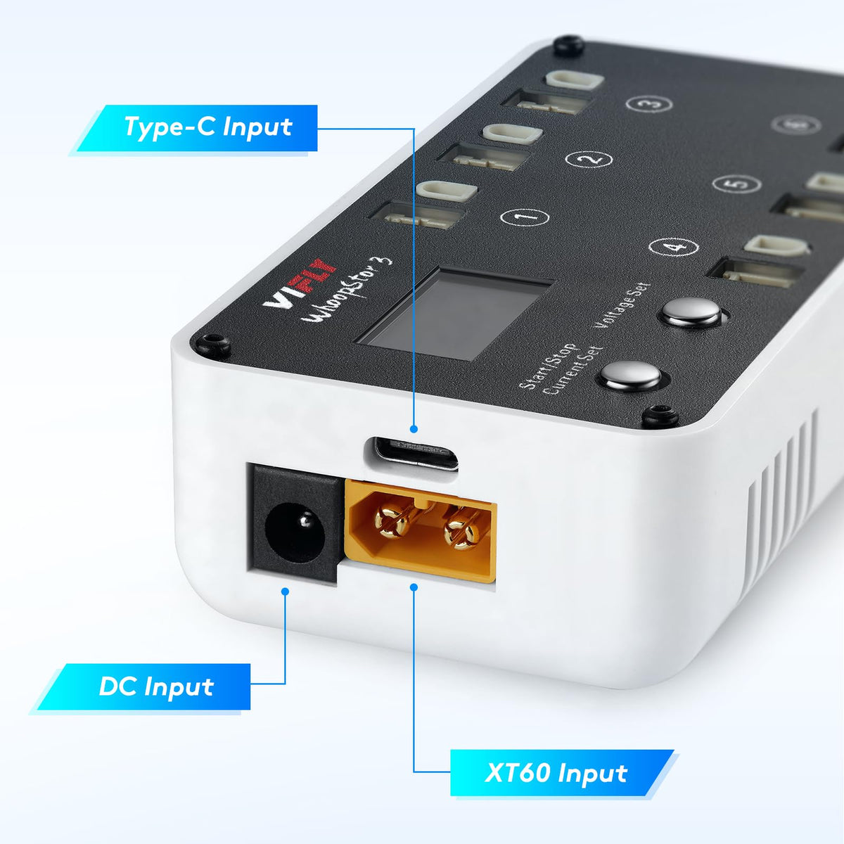 VIFLY WhoopStor V3 offers multiple power inputs for versatile charging setups.