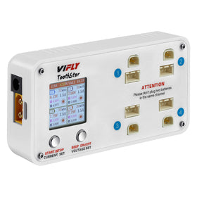 VIFLYRC ToothStor 4-Port balance charger for four 2S LiPo packs with independent charging channels.