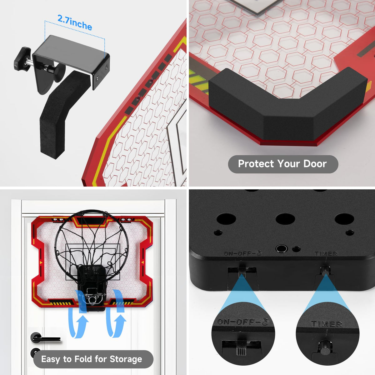 Vignuto indoor basketball hoop electronic scoreboard tracks scores during games.