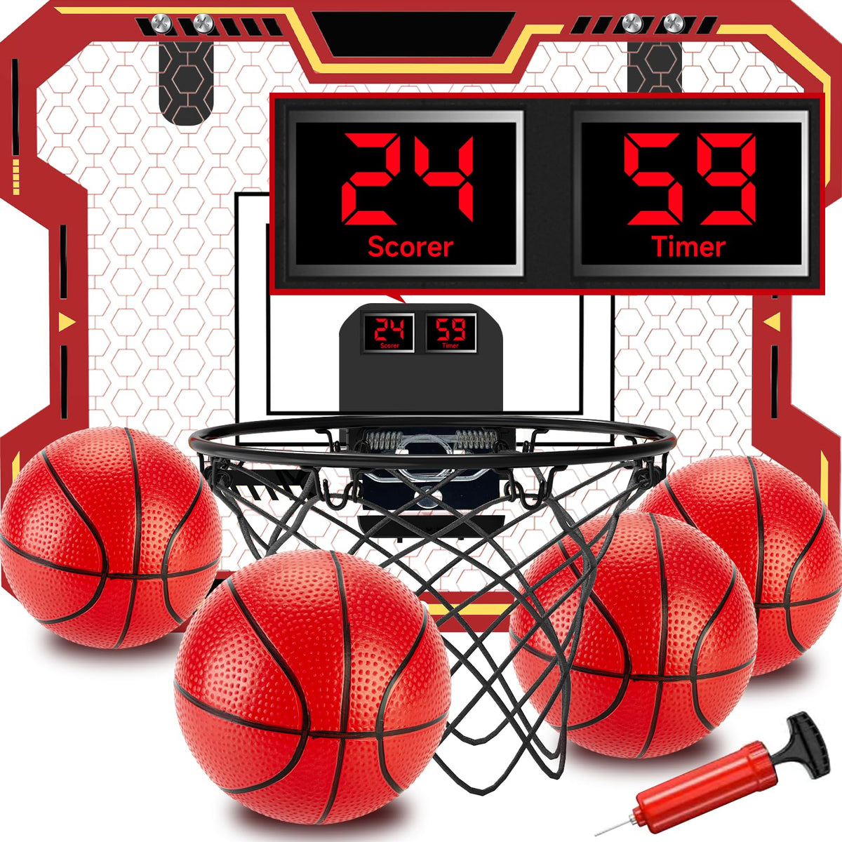 Vignuto indoor basketball hoop front view emphasizes compact space-saving design for kids.