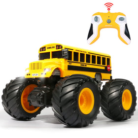VijiSuki RC school bus front view with rugged tires for all-terrain fun