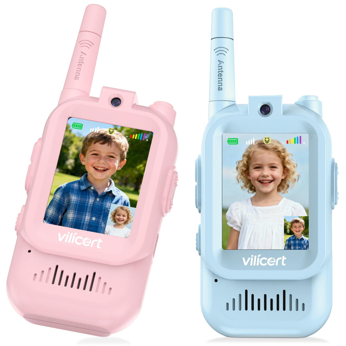 Vilicert video walkie talkie kit front view for kids and screen feature