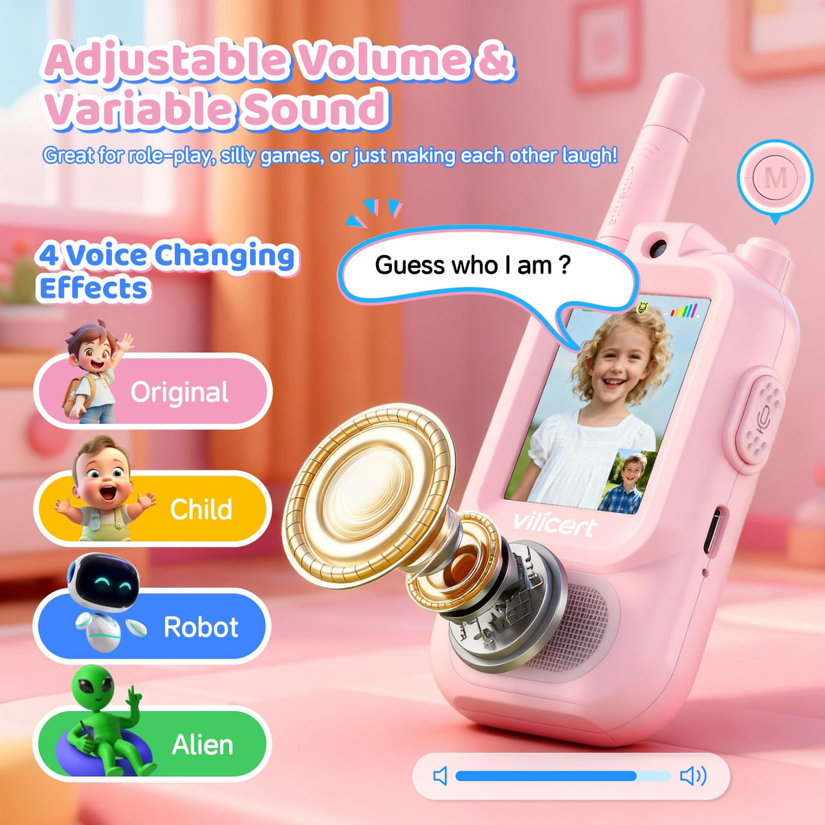 Vilicert walkie talkie with robot voice mode and camera filters