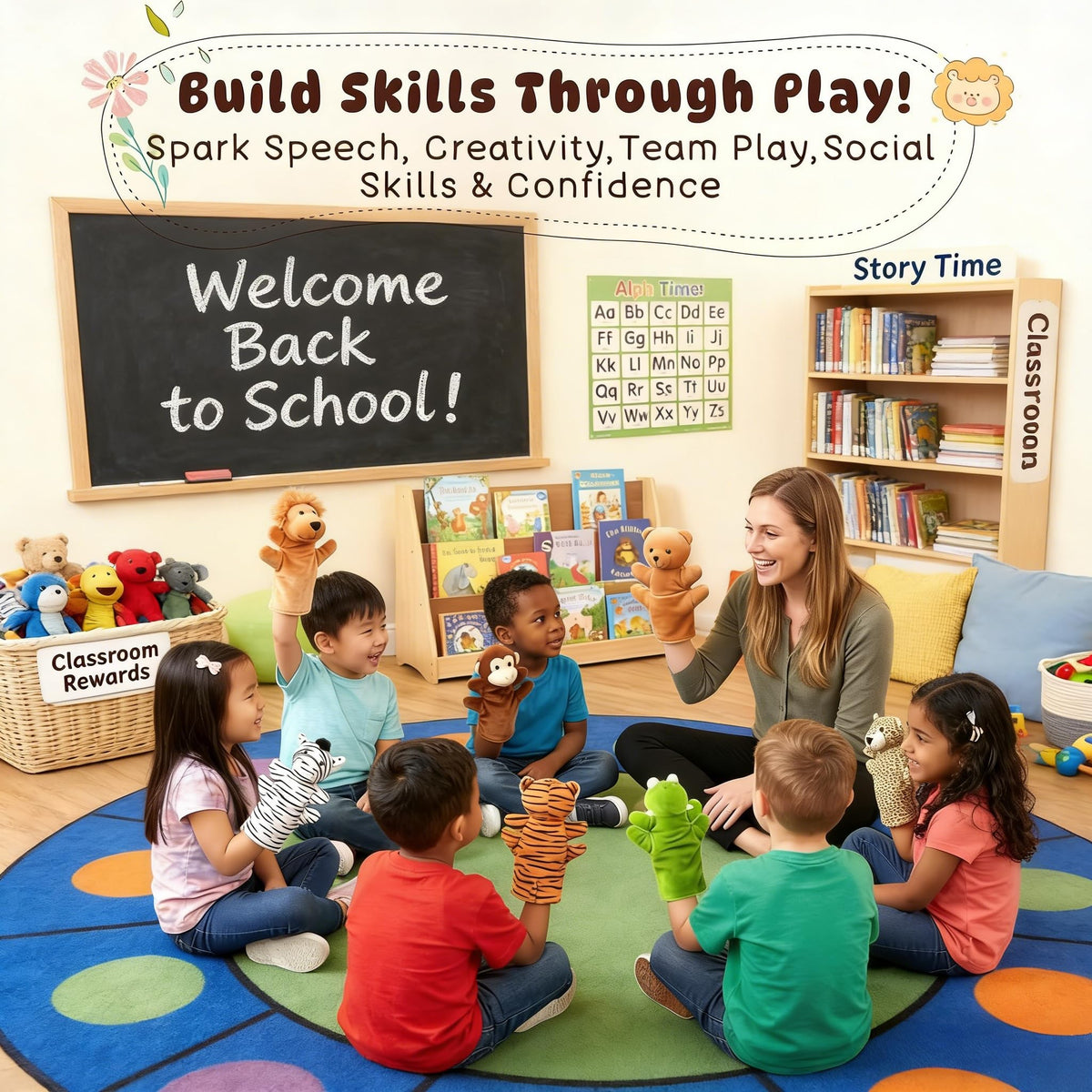 ViLSOM hand puppet wolf supports dramatic role-play and cooperative learning.