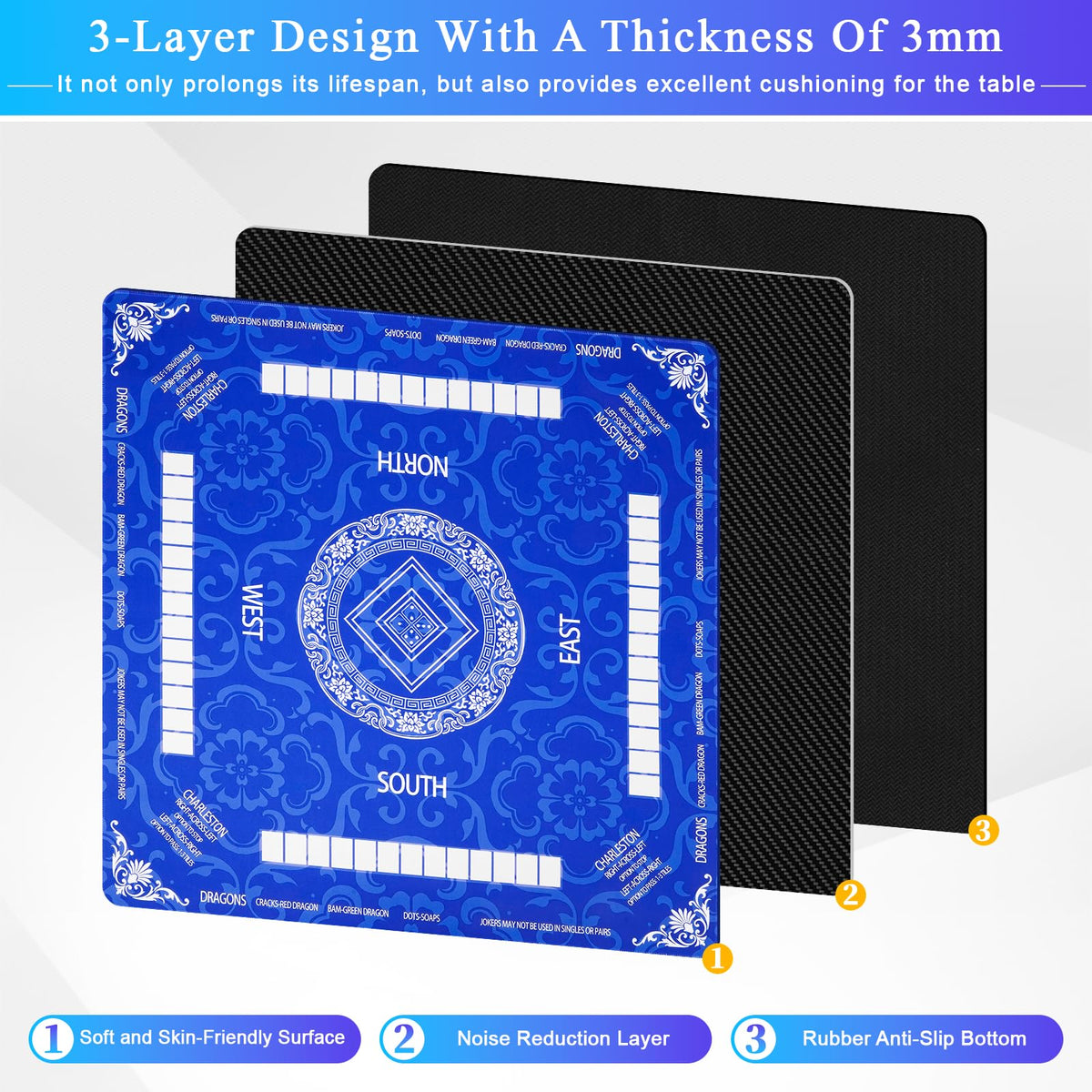Viluda mahjong mat universal-fit blue fits most tables for versatile use.