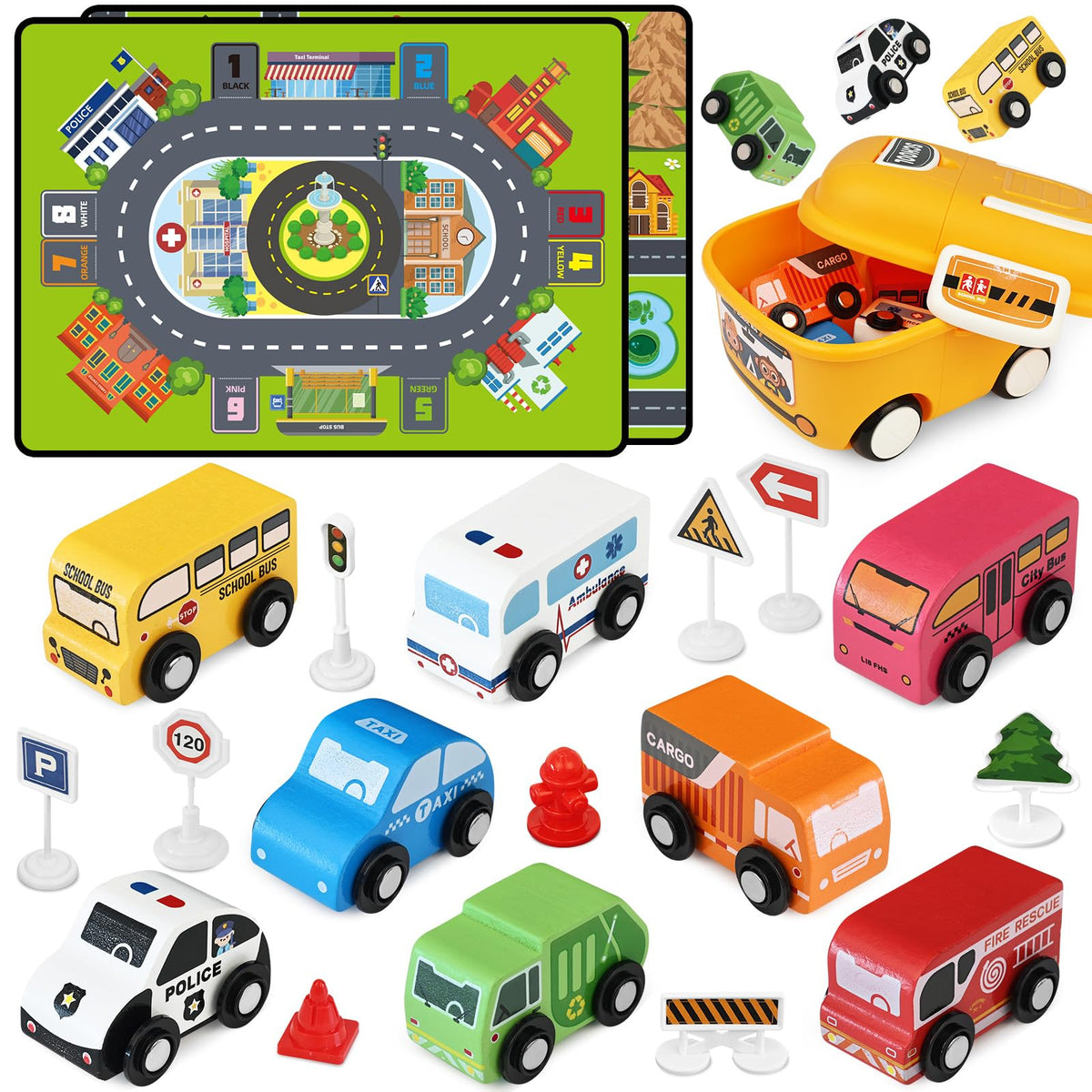 Vinkp 22pcs car toys playmat supports imaginative play and early language skills.