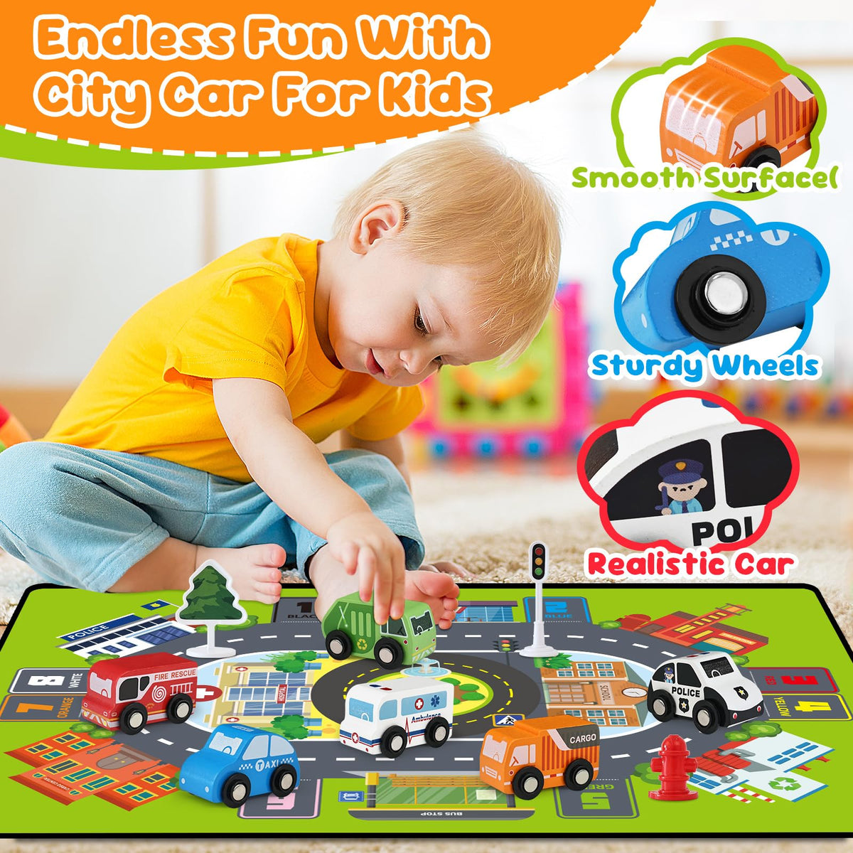 Vinkp double-sided playmat featuring city and countryside scenes for versatile storytelling.