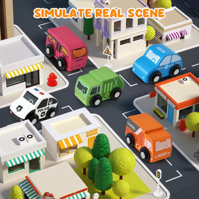 Vinkp toy vehicles like police, bus, and fire trucks encourage imaginative role play.