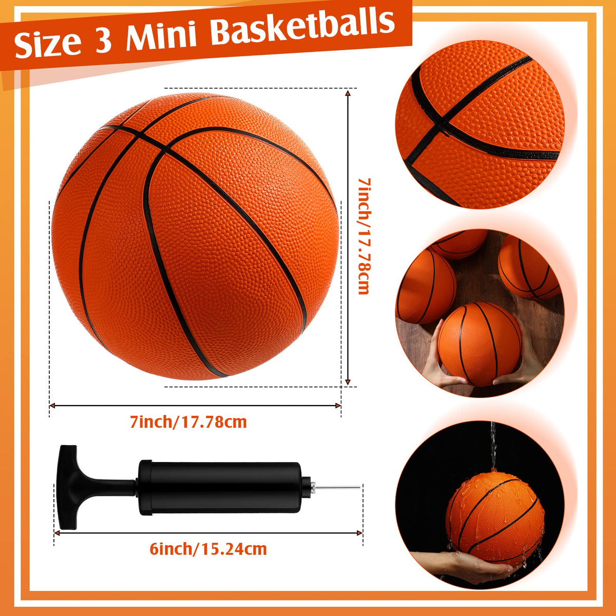 Front view of Vinsot 7-inch orange mini basketball for beginners.