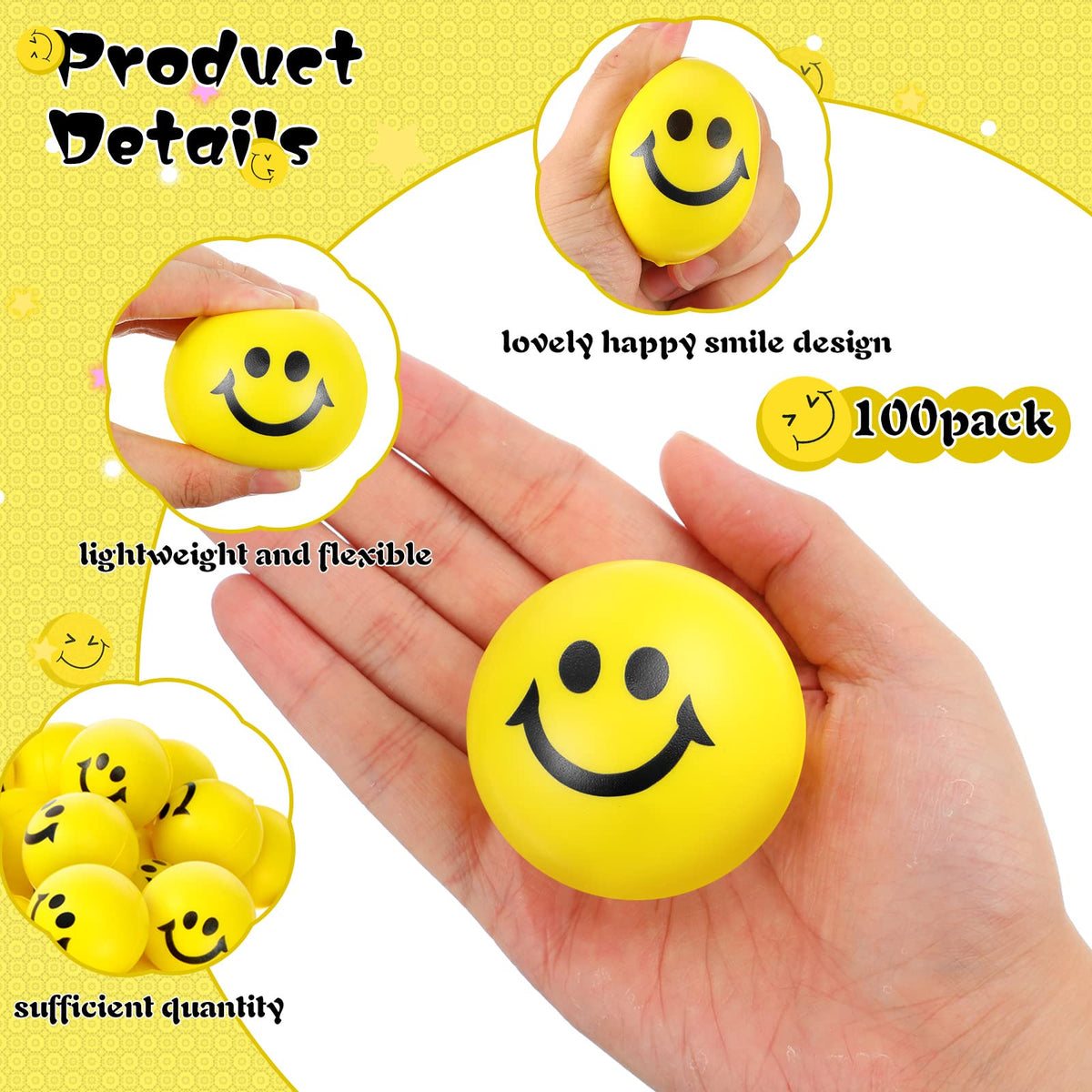 Vinsot yellow 2-inch smile ball rebounds after squeeze, satisfying tactile feedback.