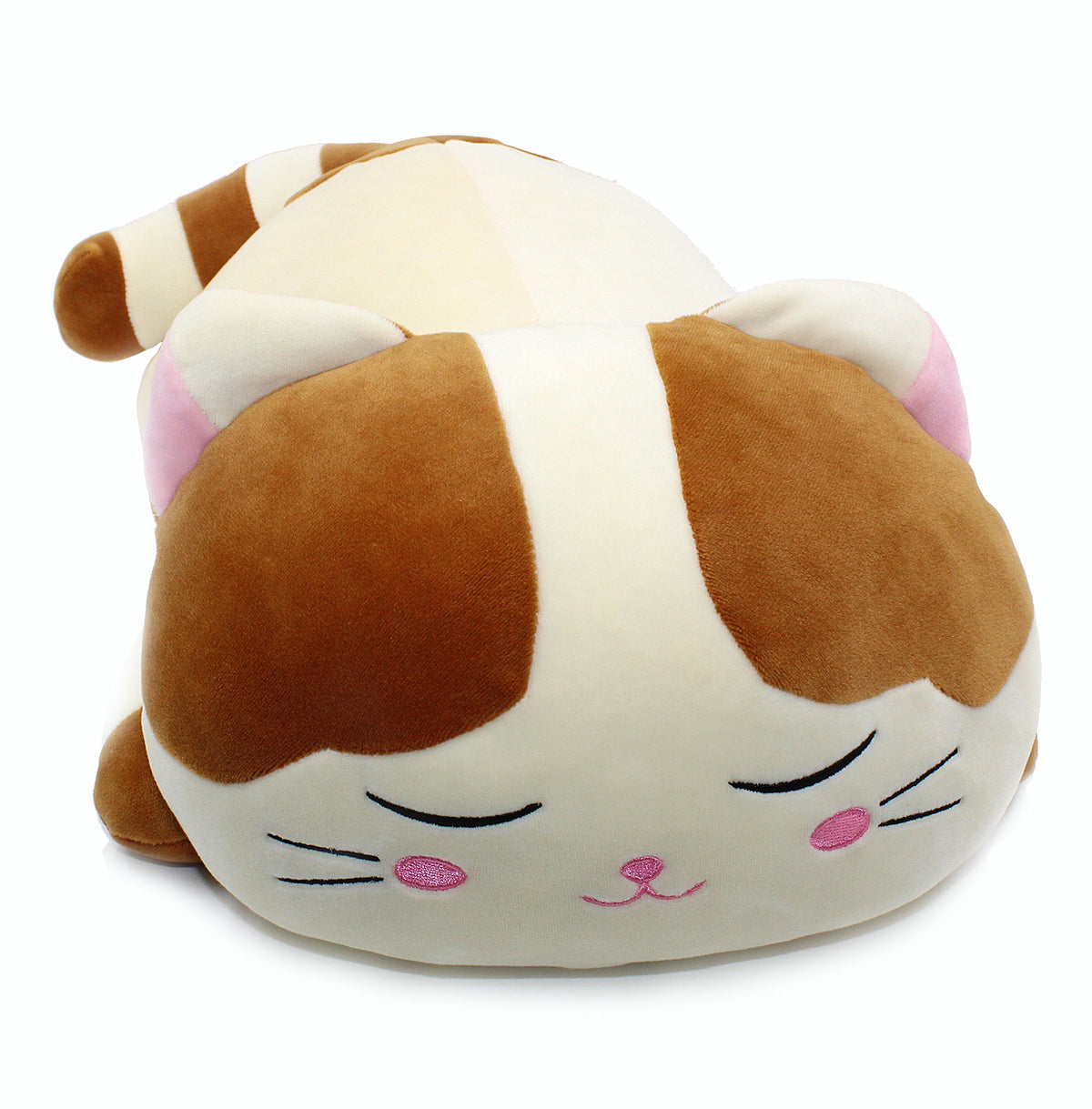 Vintoys cat pillow closeup shows super short pile fabric and fluffy fill.