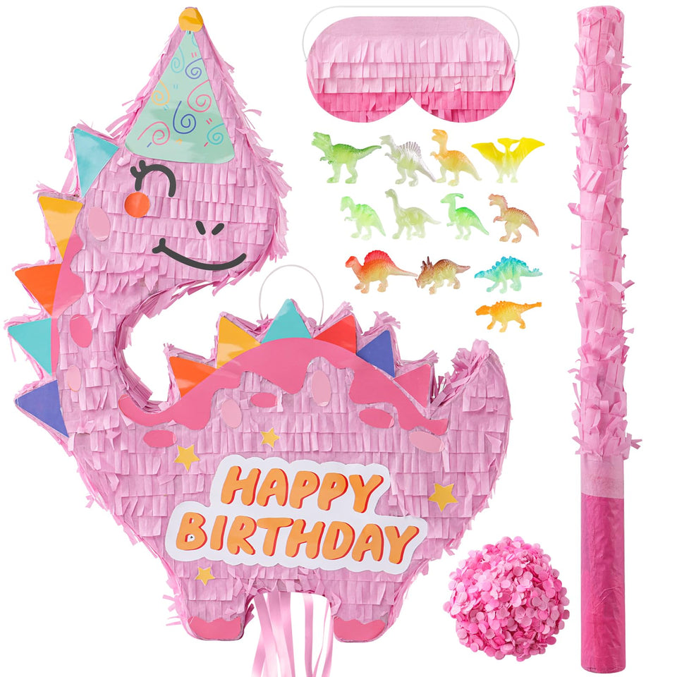 VinTS pink dinosaur pinata assembly view with hanging loop for easy setup