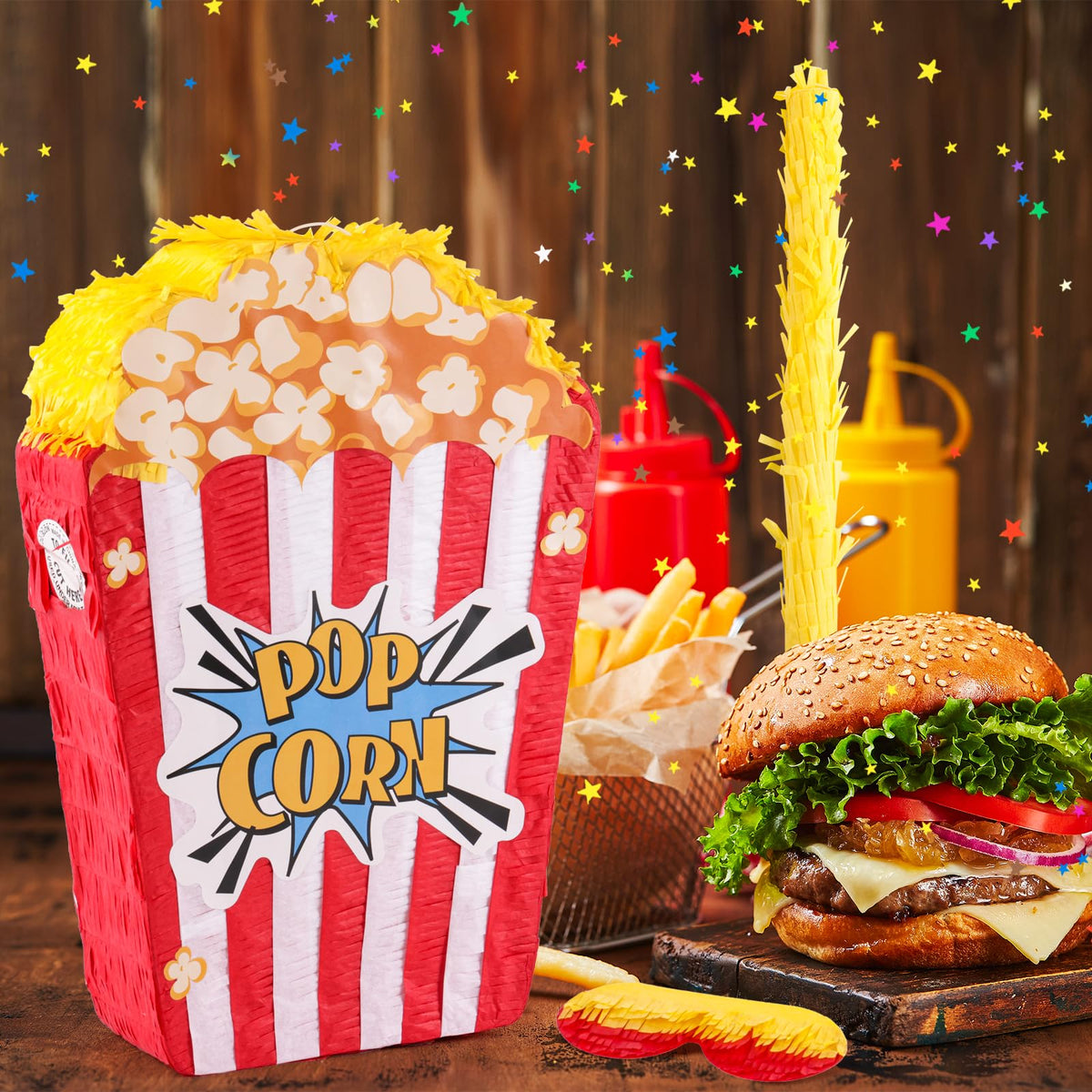 VinTS popcorn pinata package contents: stick, eye mask, confetti