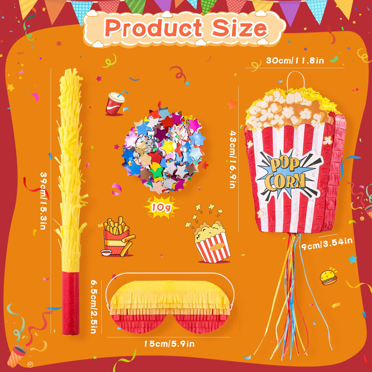 VinTS popcorn pinata side view showing hanging loop for easy setup