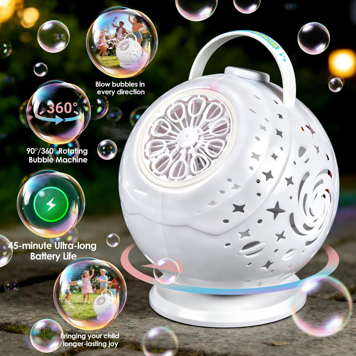 Viondra bubble machine 360-degree rotation for immersive bubble shows indoors or outdoors