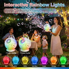 Viondra bubble machine with LED galaxy lights creates magical ambiance for kids' parties