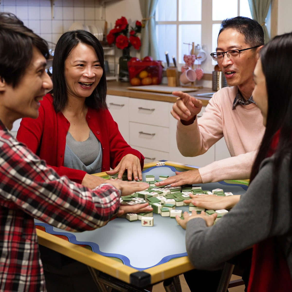 VioraWhite blue scalloped mahjong mat enhances any desk or game space.